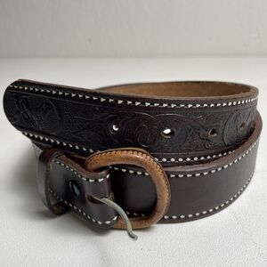 Vintage Genuine Leather Embossed Belt Mens Size 44 Brown Western Cowboy